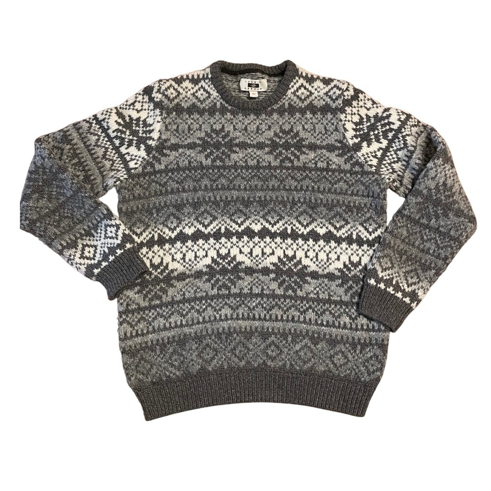Joseph Abboud Sweater Large Fair Isle Knit Wool Blend Gray White EUC